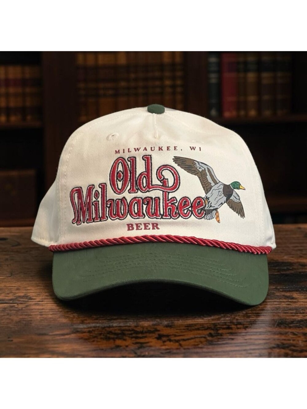 Old Milwaukee Beer Mallard Duck Rope Snapback Hat Cream Green Bioworld Retro NWT